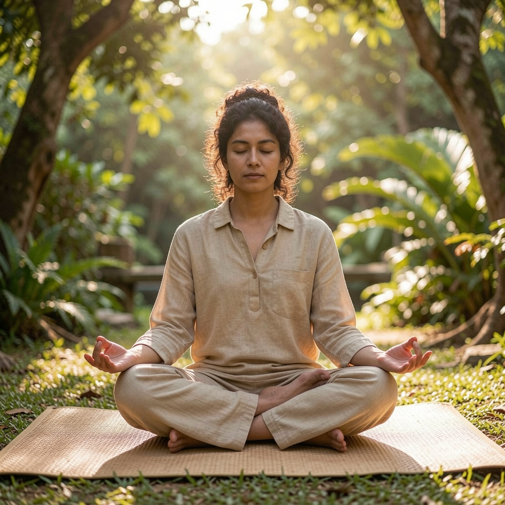 Person in peaceful meditation or mindfulness practice in tranquil setting